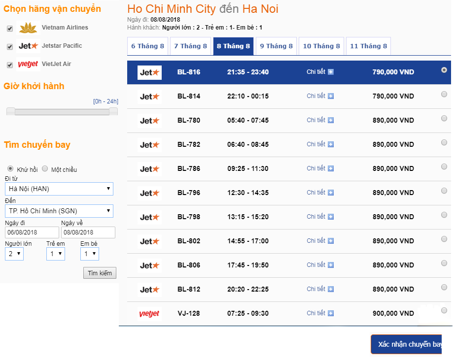 Xem giá và lựa chọn hành trình vé máy bay chiều về từ HCM đến HN