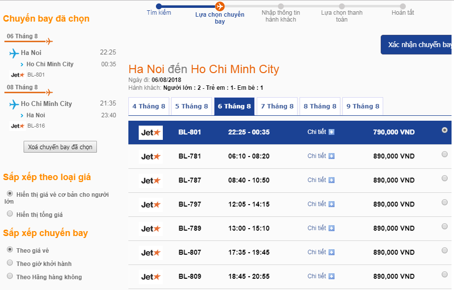 Xem giá và lựa chọn hành trình vé máy bay chiều đi từ HN đến HCM