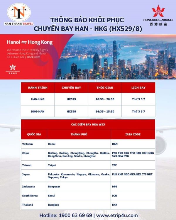 Hong Kong Airlines khôi phục chuyến bay HX529/8 hành trình HANOI – HONGKONG từ ngày 21/12/2023