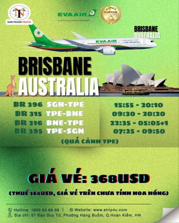 Bay đến Brisbane chỉ từ 368 USD cùng EVA AIR