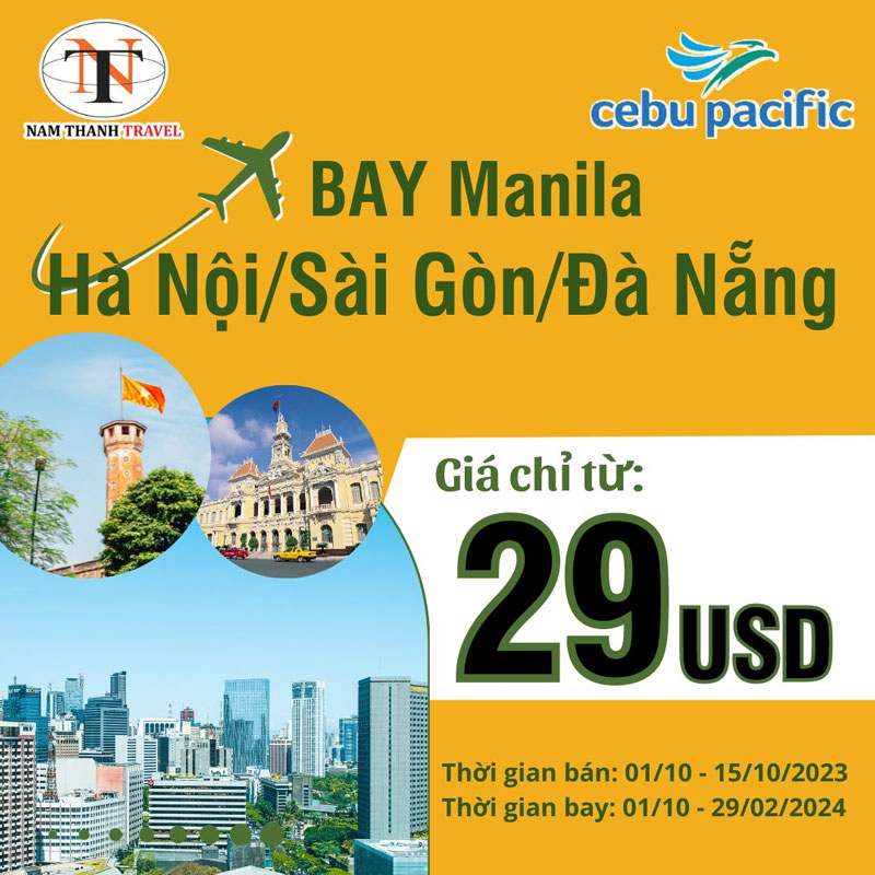 Bạn đã sẵn sàng cho chuyến hành trình với chặng bay từ Manila về Việt Nam? Hãy cùng Cebu Pacific bắt đầu chuyến hành trình tuyệt vời từ Manila đến Hà Nội, Sài Gòn hoặc Đà Nẵng với mức giá vô cùng hấp dẫn, chỉ từ 29 USD.