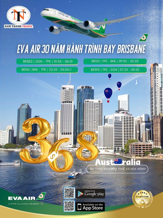 EVA AIR: Kỷ niệm 30 năm hành trình bay Brisbane, giá ưu đãi chỉ 368 USD