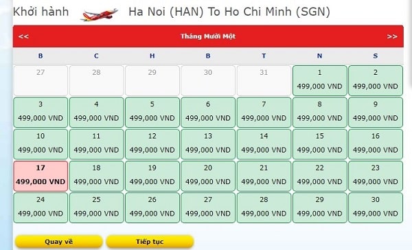 Giá vé rẻ tháng 11 chặng Hà Nội – Hồ Chí Minh