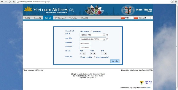 Hướng dẫn các đại lý đặt vé Vietnam Airlines trên website của Nam Thanh