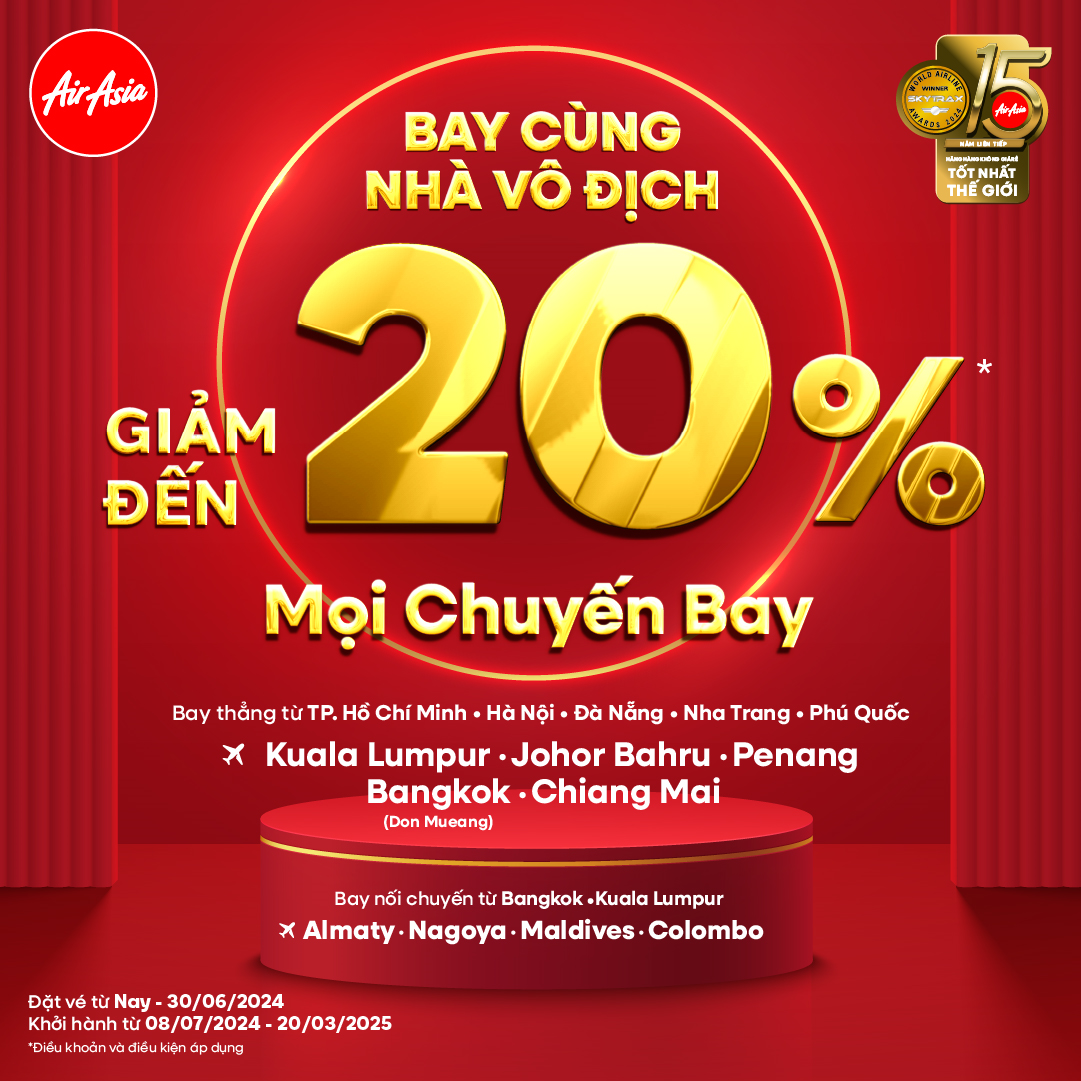 AirAsia: Giảm đến 20% khi Bay cùng nhà vô địch