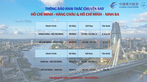 China Eastern Airlines: Khai thác chuyến bay HCM - Hàng Châu/Ninh Ba