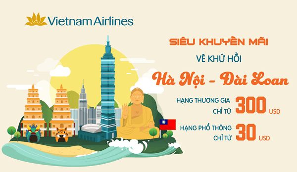 Vietnam Airlines khuyến mại vé máy bay khứ hồi Hà Nội – Đài Loan