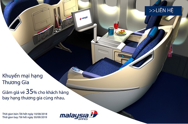 Malaysia Airlines giảm 35% giá vé cho khách hàng bay hạng thương gia cùng nhau