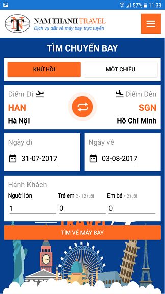 Thao tác tìm chuyến bay tại app ve may bay Nam Thanh