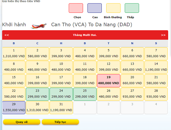 Bảng giá vé máy bay chặng Cần Thơ – Đà Nẵng tham khảo