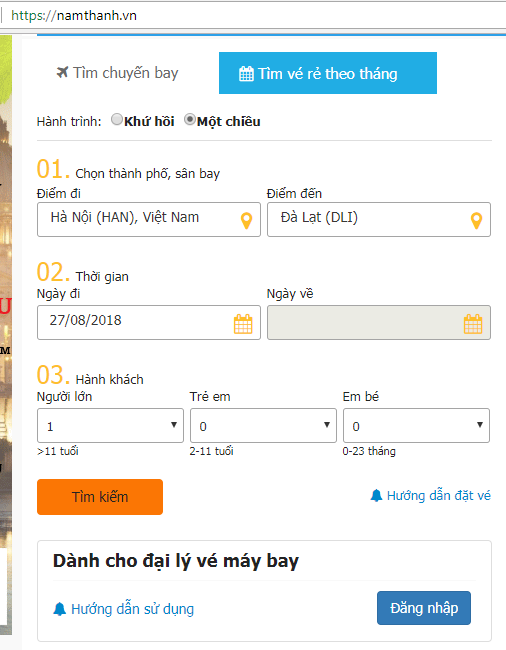 Bước 1: Truy cập website Nam Thanh chọn tìm vé rẻ theo tháng